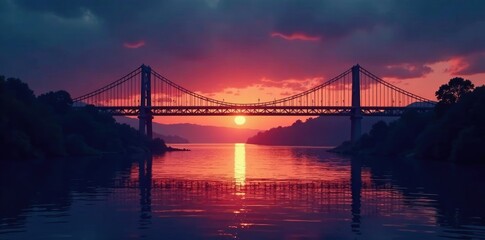 Dark silhouetted bridge spans wide river at dusk, water, darkness