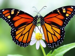 Fototapeta premium Fluttering monarch butterflies interacting on a flower natural habitat macro photography vibrant green background close-up perspective nature's beauty