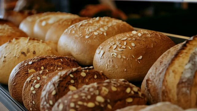 Freshly baked varieties of bread lined up on display in a bakery showcasing artisanal craftsmanship, Breads and baked goods closeup