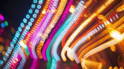 Obraz premium Bright, swirling lights illuminate the urban landscape, capturing the essence of a festive evening filled with joy and energy. People enjoy the lively ambiance