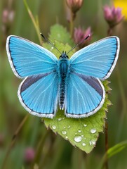 Fototapeta premium Vibrant blue butterfly perched on leaf natural habitat macro photography lush green environment close-up view nature's beauty