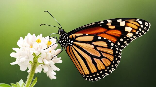Captivating monarch butterfly feeding on white flower lush garden nature photography close-up view wildlife concept