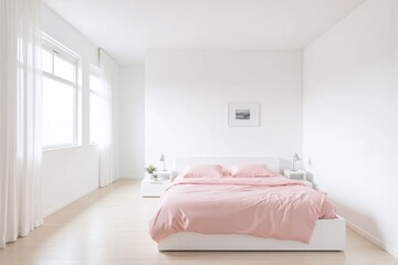 Modern minimalist bedroom with white walls white bed and framed picture