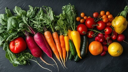 A vibrant array of fresh vegetables and fruits, including tomatoes, carrots, and peppers, beautifully arranged on a slate background.