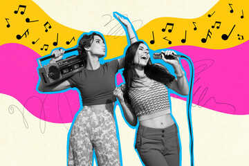 Creative sketch collage of two happy girls friends sing microphone boombox party celebration chill hold mic sing karaoke event note