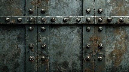 Fototapeta premium Close-up of a weathered metal surface featuring rust and large bolts, giving an industrial and rugged appearance.