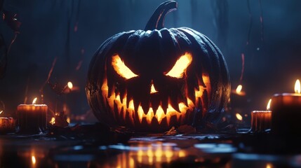 Obraz premium A sinister carved pumpkin with glowing eyes and teeth, surrounded by flickering candles, perfect for Halloween.