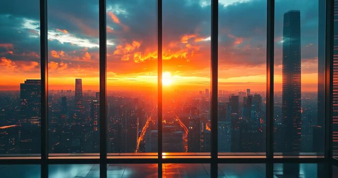 Static shot, establishing scene. A breathtaking sunset over a vibrant cityscape seen through a large window in a modern office building.