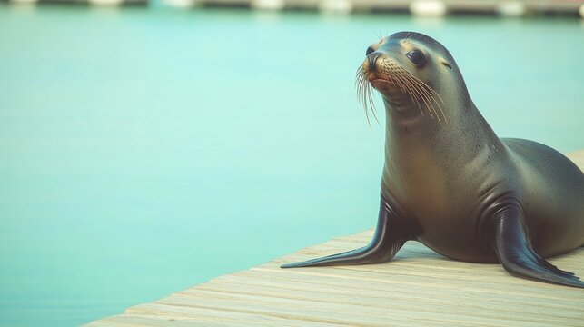Seal resting on wooden platform, gazing at tranquil blue water, - Powered by Adobe
