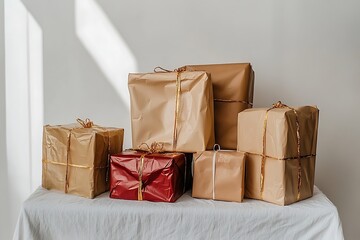 Gift boxes arranged on a table in a sunlit room. Possible use Holiday, celebration, or present delivery stock photo