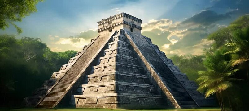 Mystical sunrise over ancient mayan pyramid surrounded by lush jungle