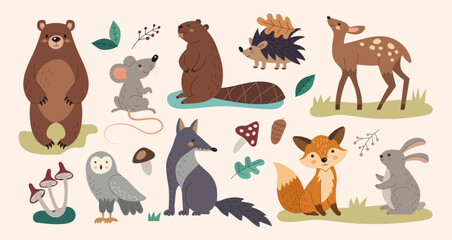Animal forest. Mouse, fox and wolf, cute bear, deer, adorable owl and rabbit. Autumn zoo, nature. Cute cartoon isolated illustration. Kids graphic of wildlife. Childish decorative. Vector biology