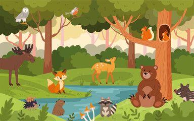 Animal forest cartoon. Cute woodland illustration. Deer, bear, cute fox and squirrel. Child background of nature with trees and river. Childish poster and banner for nursery, vector kids landscape