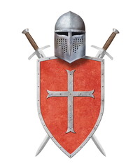 knight helmet red shield and two swords isolated on white