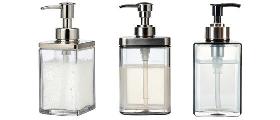 Three glass soap dispensers isolated with transparent background