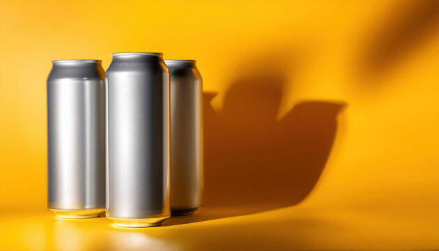 Aluminum drinks cans isolated on colorful background creative lighting. Copy space, ready for mockup