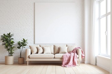 Obraz premium Modern living room with white brick wall beige sofa and potted plants