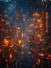 Fototapeta premium A digital cityscape featuring glowing cubes arranged in a cyberpunk style