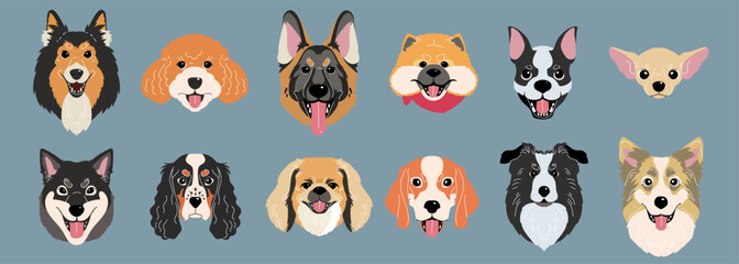 Naklejka premium Dog face. Domestic animal quirky. Icon puppy shape, character stray. Flat pet different breed element, cute head design. Graphic doodle canine illustration. Veterinary symbol. Vector cartoon set