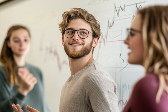 group of college students discussing stock market investments with a whiteboard full of financial charts