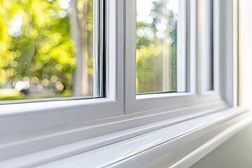 Close up of a upvc window frame, highlighting its white finish, muntin bars, and a blurred garden view beyond