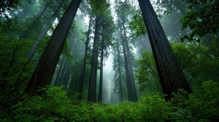 Towering redwood trees rise into the foggy sky, creating a serene atmosphere filled with rich greenery. Sunlight filters through the leaves, illuminating the peaceful forest