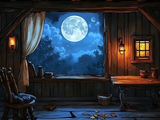 Obraz premium Moonlit cabin interior, night scene