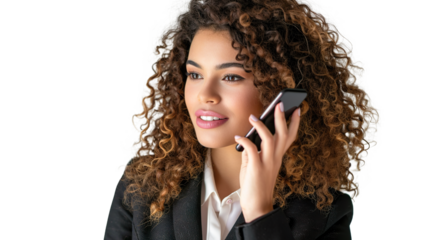 A Confident Curly-Haired Businesswoman Talking on Phone on Transparent Background, PNG