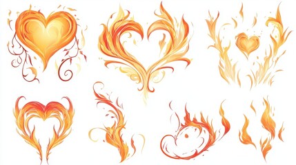 A vibrant collection of artistic flame-inspired heart designs in shades of orange and yellow.