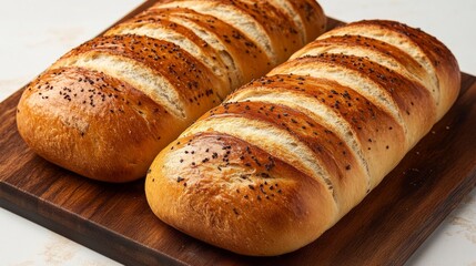 Savory bread loaves with black seeds on a wooden cutting board