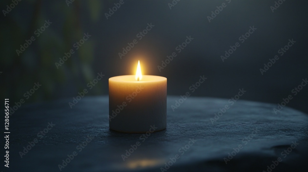 Poster In a quiet moment at twilight, a single candle flame flickers gently atop a smooth surface, casting soft shadows and creating a calming atmosphere that invites reflection and peace