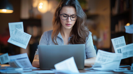 A stressed woman in a quiet office space, surrounded by an overwhelming number of paper bills and receipts, trying to make sense of her finances on her laptop.