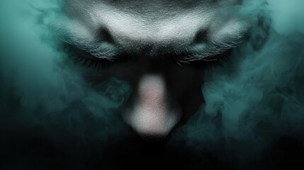 Fototapeta premium A person with closed eyes appears deep in thought, partially obscured by swirling fog. The mysterious ambiance creates an introspective mood, emphasizing emotional depth