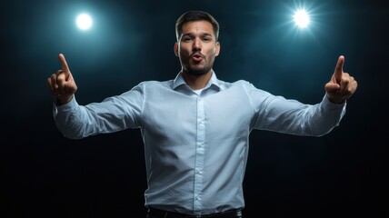 a person with fully outstretched arms pointing in different directions