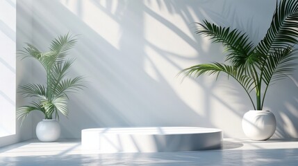 Fototapeta premium Minimal white room, cylinder podium, subtle palm leaf shadows, abstract product display setup