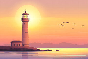 Art Deco Lighthouse at Sunset with Soft Pastel Colors  