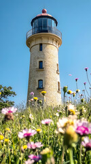 Historical Lighthouse with Vintage Charm Amidst Wildflowers  