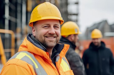A portrait of smiling construction workers wearing yellow hard hats and orange safety jackets, standing in front of an industrial building site.