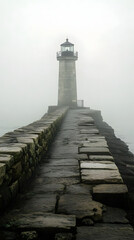 Foggy Morning Scene at Historic Stone Lighthouse  