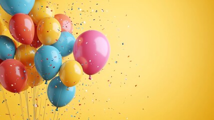 Colorful balloons float against a bright yellow background celebrating a festive occasion with confetti in the air