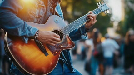Obraz premium Street musician playing acoustic guitar, outdoors, people listening. Possible use Stock photo for music, street performers, entertainment