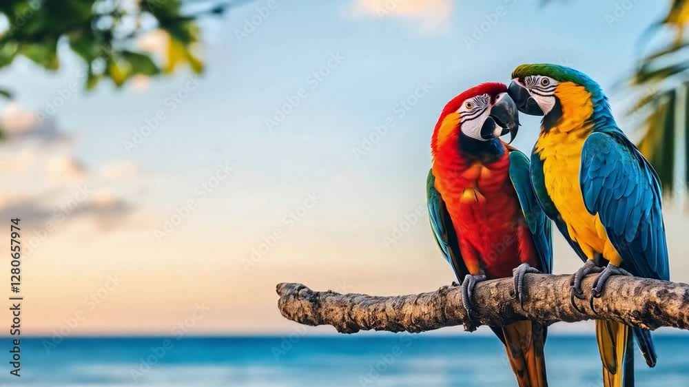 Poster two vibrant macaws rest on a branch, surrounded by lush greenery and a breathtaking ocean view at su