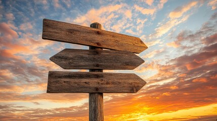 Wooden directional signpost against a vibrant sunset sky with clouds in the background