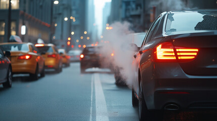 Fototapeta premium A slow-moving city street filled with cars, their exhaust pipes spewing pollution into the air, while pedestrians walk along the sidewalk covering their noses.