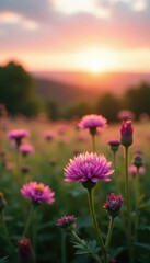 Fototapeta premium Pink heather blooms in a lush green meadow at dawn, pink flowers, dawn