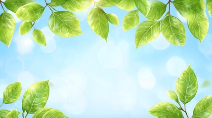 Naklejka premium Green Leaves on Bright Blue Sky Background