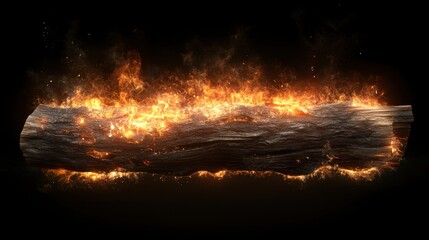 Fototapeta premium A fiery piece of burning wood, glowing vividly against a dark backdrop, showcasing intense flames and dynamic textures.