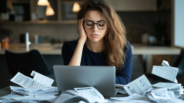 A woman with a frown on her face, sitting at her desk with a laptop open to a spreadsheet of her expenses, while bills pile up around her in a disorganized heap.