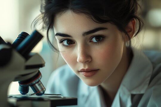A young female scientist intently focuses on a microscope, engrossed in her research.