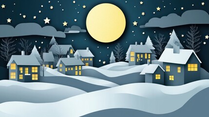 Fototapeta premium A serene winter night scene featuring cozy homes nestled in snowy hills under a bright full moon.